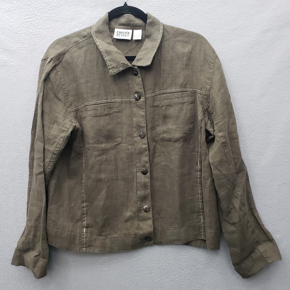 Chicos Design 100% Linen Shacket Jacket Brown Natural Fiber Closet Staple Size M